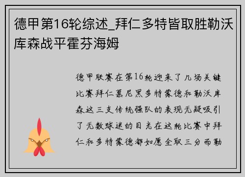 德甲第16轮综述_拜仁多特皆取胜勒沃库森战平霍芬海姆